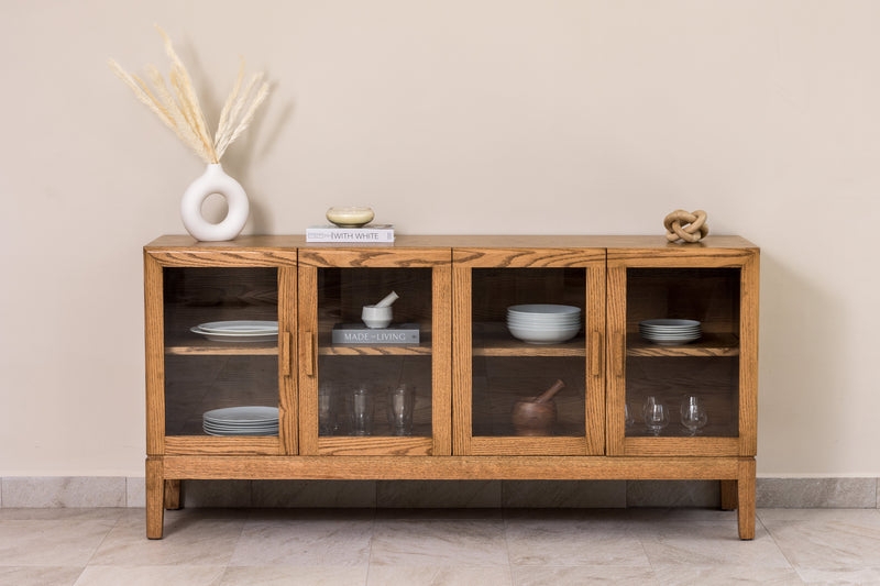 Credenza Cabinet Slatted Wood Doors Stone Look Top Mid Century Modern