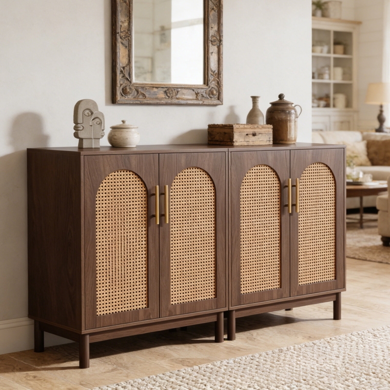 Credenza Dark Wood Contrast with Natural Rattan Cane Panels