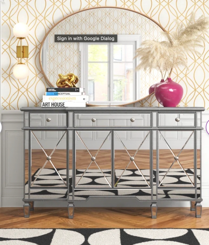 Credenza Mirrored Geometric Overlay Silver Finish Glam Buffet