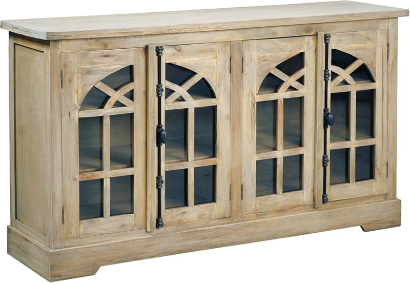 Credenza with Arched Glass Doors Distressed Driftwood Finish