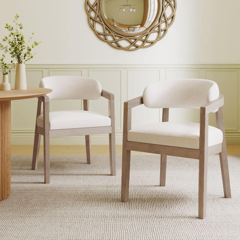 Curved Backrest Wood Dining Chairs Integrated Armrests Beige Seat