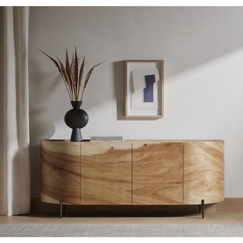 Curved Sideboard with Ribbed Facade in Honey Brown Wood for Dining