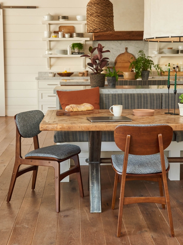 Curved Wood Scandinavian Dining Chairs with White Upholstered Seats