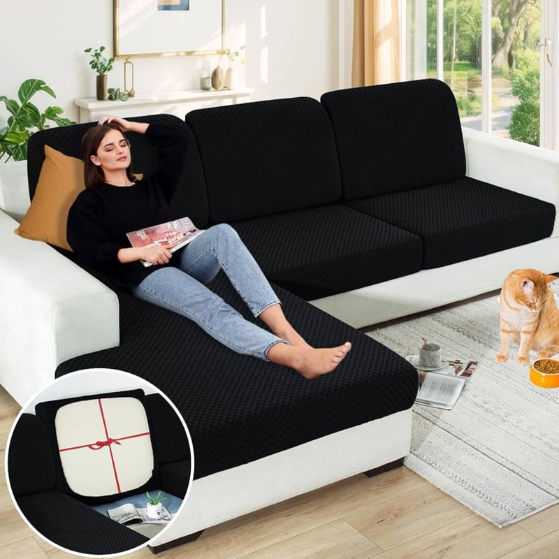 Cushion Slipcover Individual Cushion Coverage Black Waffle Knit