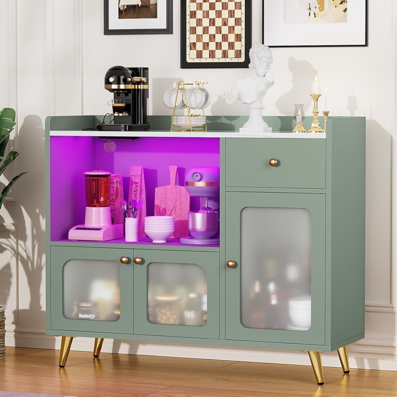 Cyan Sideboard LED Lighting Power Outlets Fluted Glass Modern