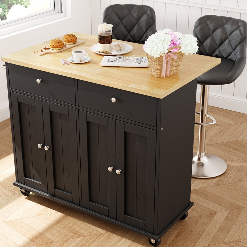 Dark Brown Kitchen Prep Island with Butcher Block and Slatted Shelves