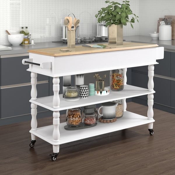 Dark Gray Kitchen Prep Station Island on Wheels with Wood Top