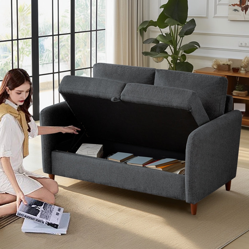 Dark Gray Linen Loveseat with Flared Arms for Contemporary Seating