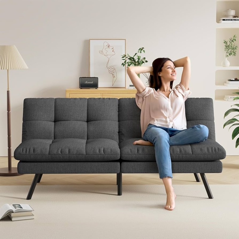Dark Grey Button Tufted Convertible Futon with Tapered Wood Legs