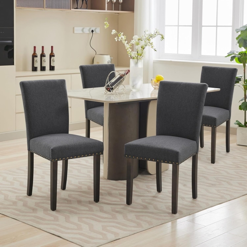 Dark Grey Woven Fabric Parsons Dining Chair with Nailhead Trim