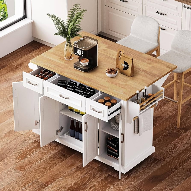 Dark Rolling Kitchen Island With Embossed Texture Panels and Drop Leaf.