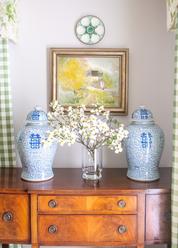 Dark Wood Sideboard Styling with Gold Arched Mirror & Blue Ceramics