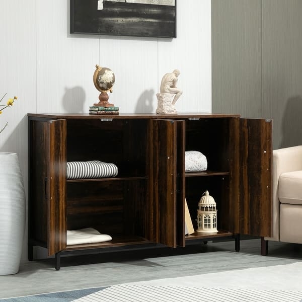 Dark Wood Sideboard with Four Doors and Black Mesh Inserts
