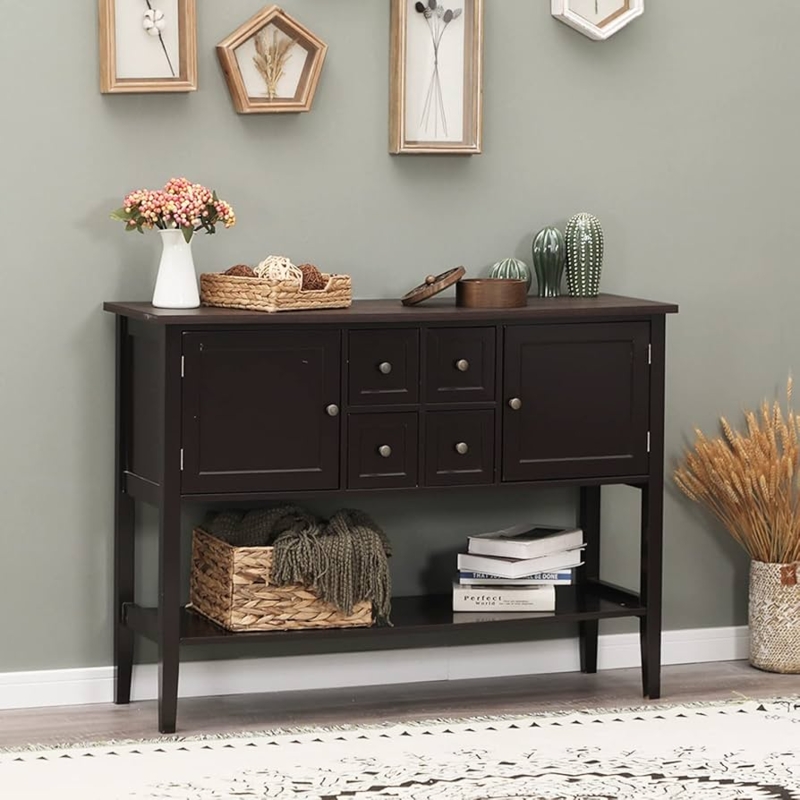 Dark Wood Sideboard with Four Drawer Center and Open Bottom Shelf