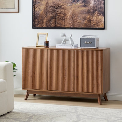 Dark Wood Sideboard with Geometric Circular Door Pattern and Gold Base