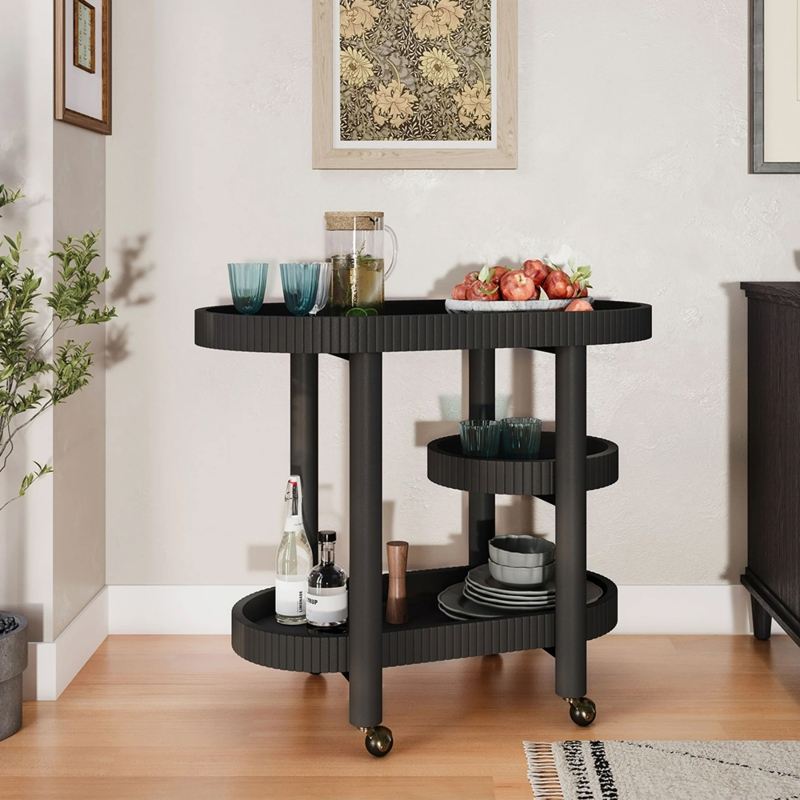 Dark Wood Toned Bar Cart Matte Black Frame Industrial