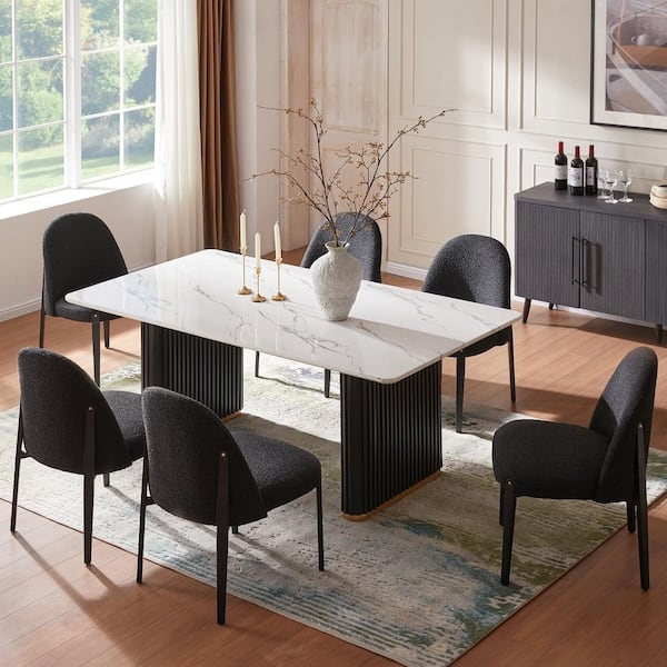 Dark Wood Trestle Table Dining Set with Black Boucle Chairs