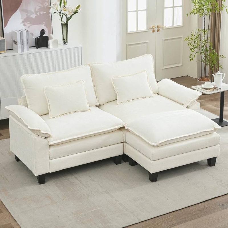 Deep Seat Chenille Modular Sofa in White with Cloud Couch Design