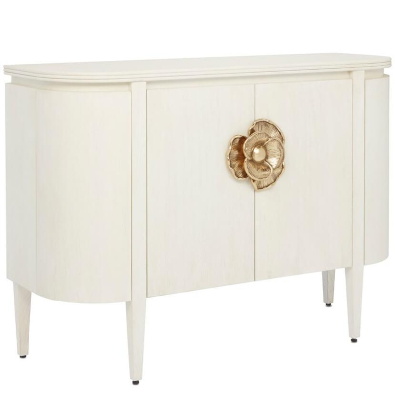 Demi-Lune Sideboard Cerused White Sculptural Brass Floral Hardware