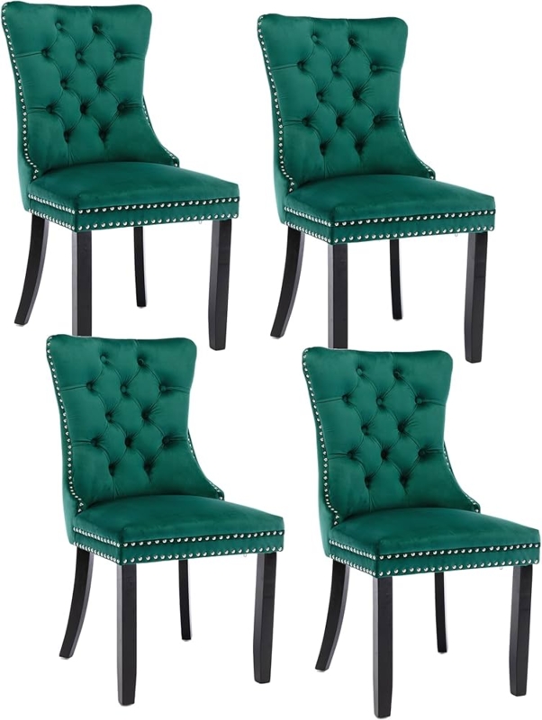 Diamond Tufted Dining Chairs Emerald Velvet with Silver Ring Pull and Nailhead Trim