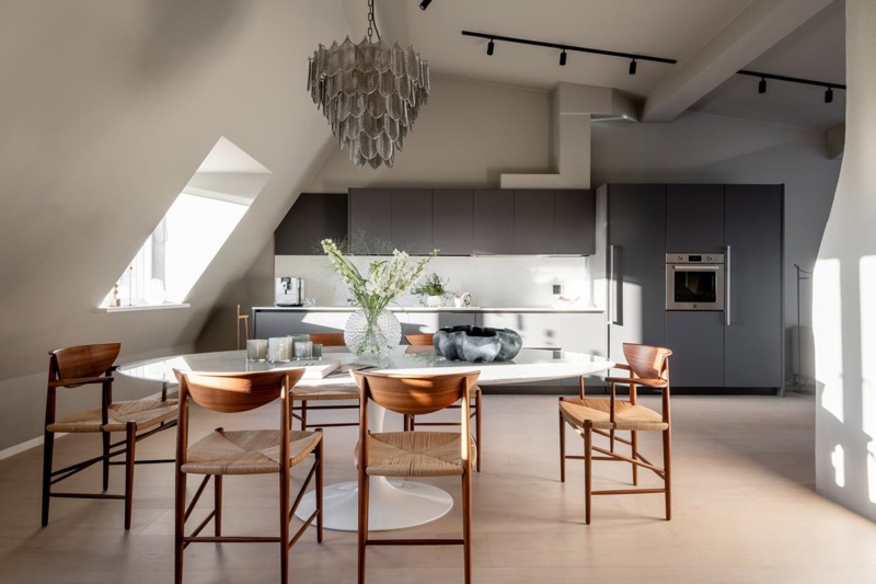 Dining Area Minimalist Attic Loft Design Slanted Ceiling