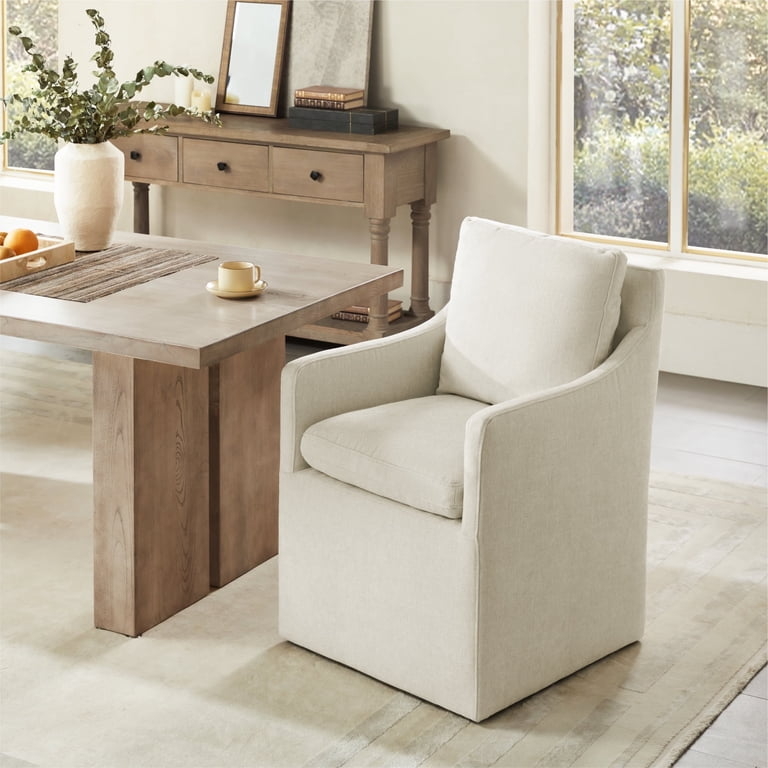Dining Arm Chair Cream Barrel Back with Caster Wheels