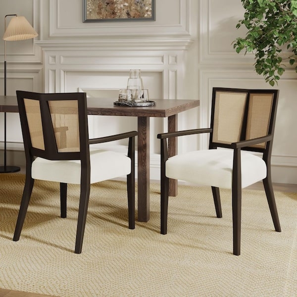 Dining Armchair Beige Fabric Upholstered Arms Dark Brown Frame