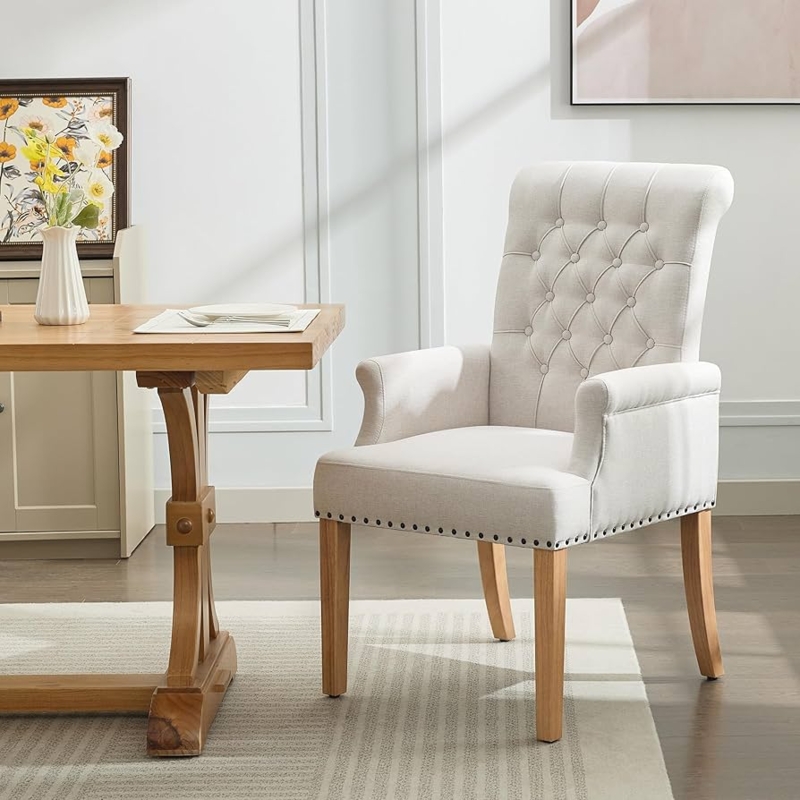 Dining Armchair Beige Upholstered Button Tufted Back Nailhead Trim