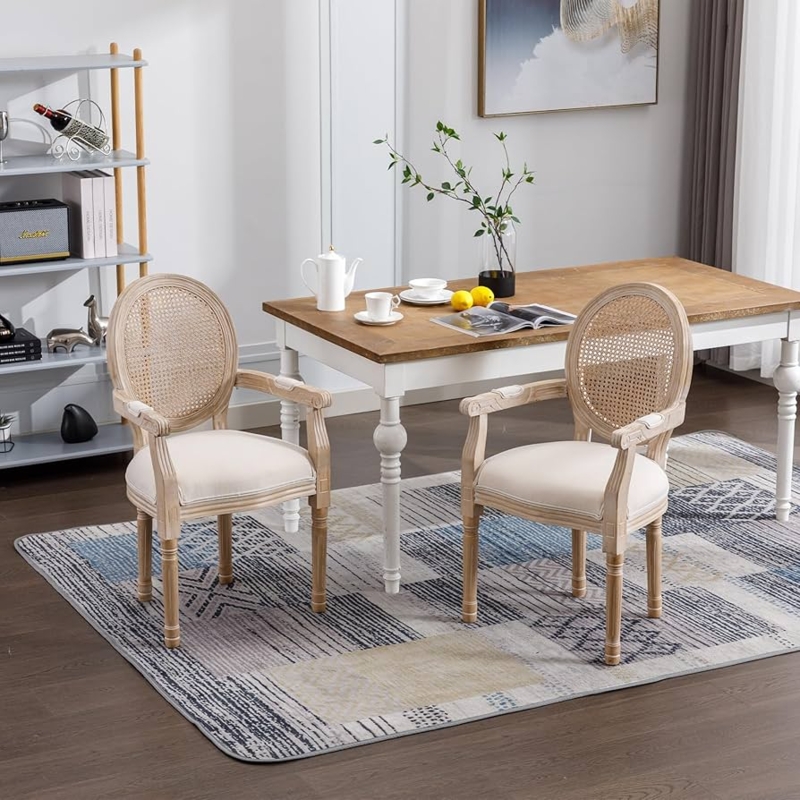 Dining Armchair: Upholstered Round Back Padded Armrests Weathered Frame