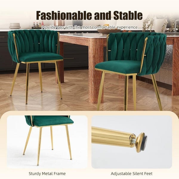Dining Armchair Velvet with Vertical Channel Tufting and Tapered Gold Legs
