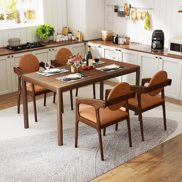 Dining Armchairs Curved Wood Arms Dark Brown Finish Cream Upholstered