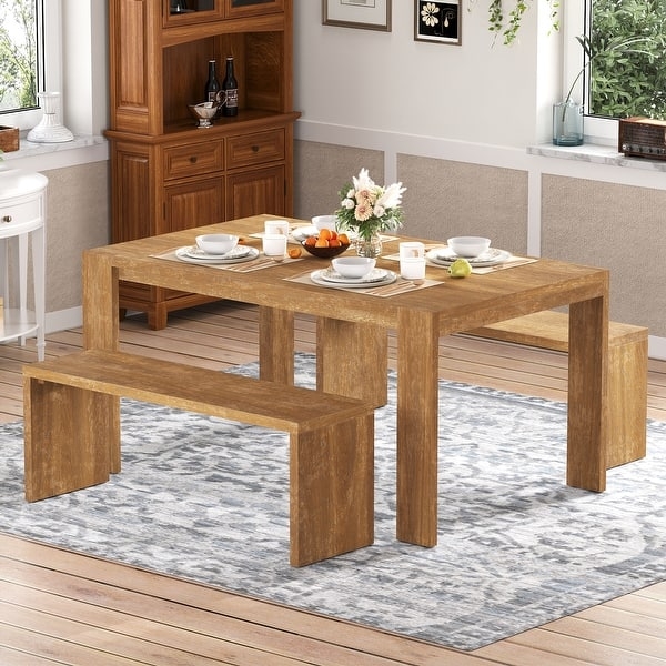 Dining Bench Set Natural Wood Rectangular with Exposed Hardware
