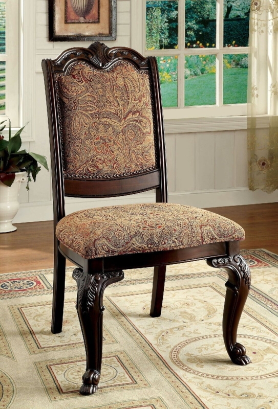 Dining Chair Antique Brown Damask Upholstery High Back Scrollwork