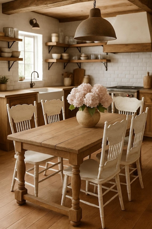 Dining Chair: Antique White Distressed Ladder Back with Warm Wood Seat