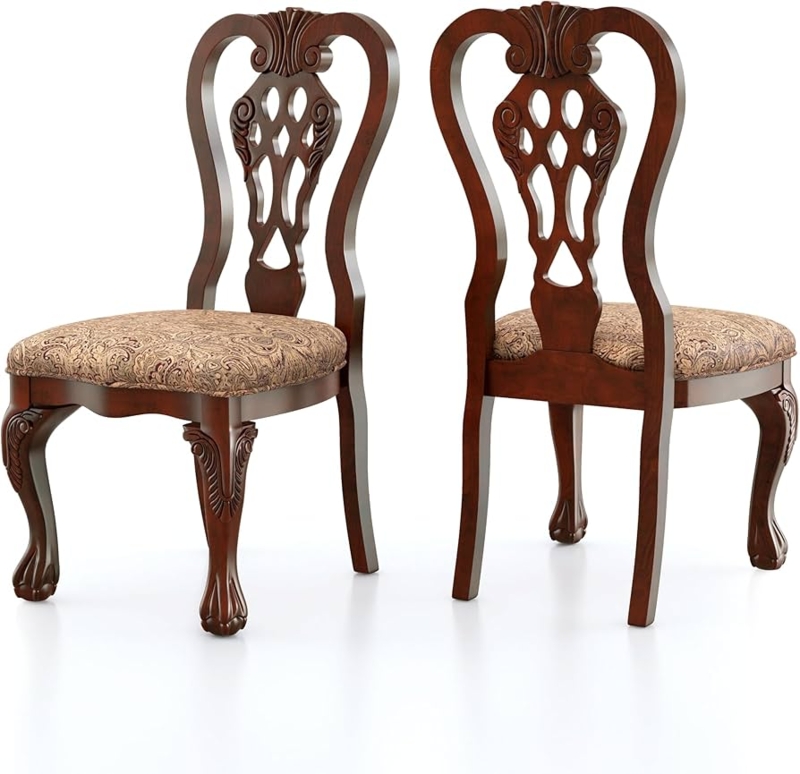 Dining Chair Arched Back Dark Wood Frame Burgundy Accent Floral Motif