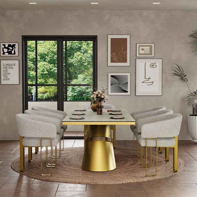 Dining Chair Barrel Silhouette White Boucle Brushed Gold U-Shaped Legs