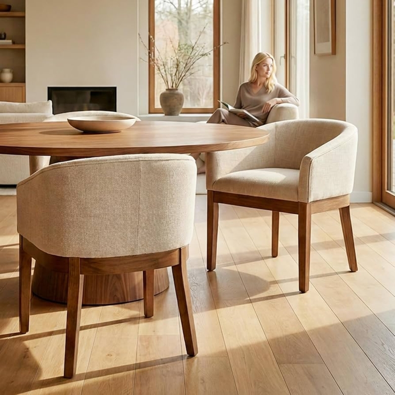 Dining Chair Beige Barrel Back Integrated Arms Natural Hardwood Frame