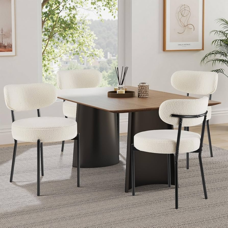 Dining Chair Beige Boucle Barrel Back with Open Cutout Design