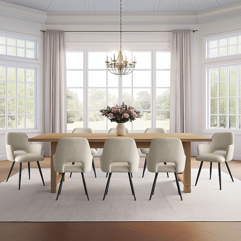 Dining Chair Beige Boucle Texture Open Back with Integrated Arms