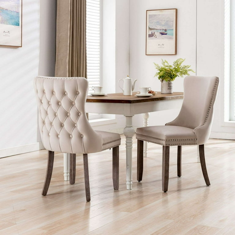 Dining Chair Beige Button Tufted with Nailhead Trim Detail