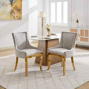 Dining Chair Beige Fabric, Bronze Nailhead Trim, Black Metal Legs