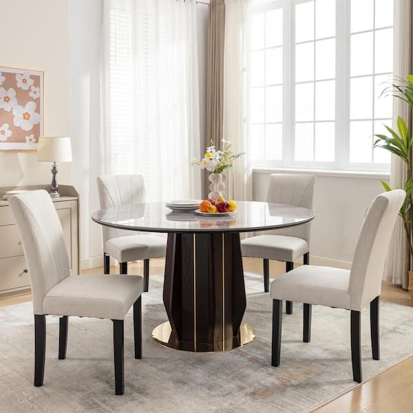 Dining Chair Beige Linen-like Scandinavian High Back Style Dining Area
