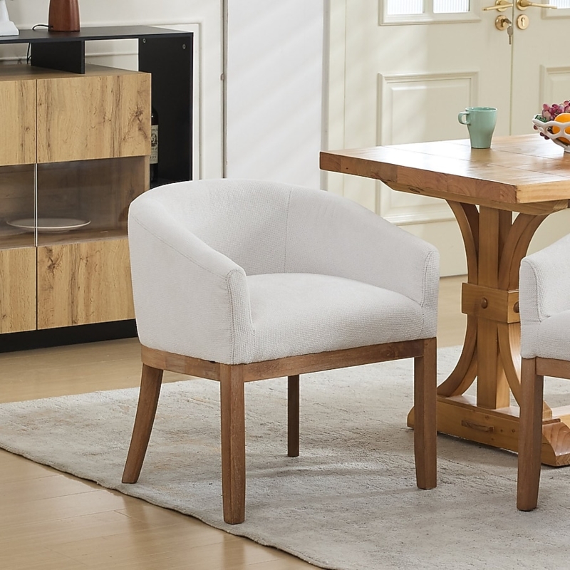 Dining Chair Beige Linen Look Barrel Silhouette Wood Legs