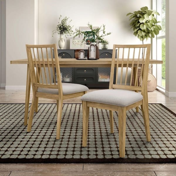 Dining Chair Beige Upholstered Seat Horizontal Slats Tapered Legs