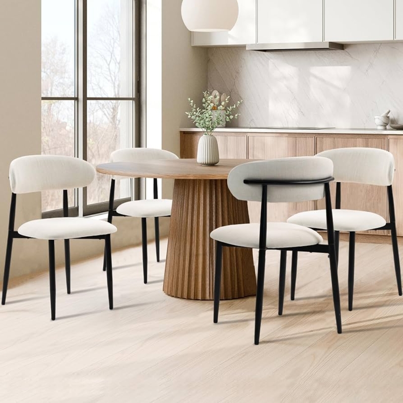 Dining Chair Beige Upholstered Wraparound Back Scandinavian Style
