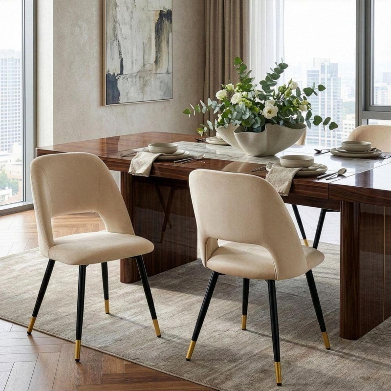Dining Chair Beige Velvet Vertical Channel Tufting Golden Legs