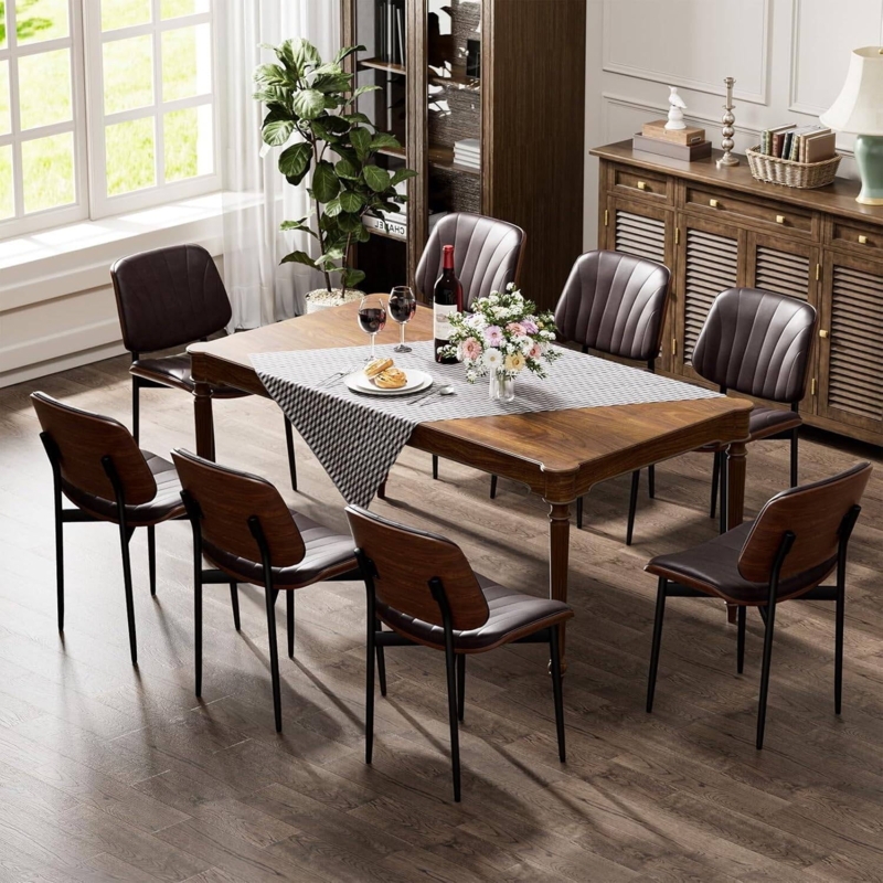 Dining Chair Bentwood Frame Brown Leather Like Open Back Tapered Legs