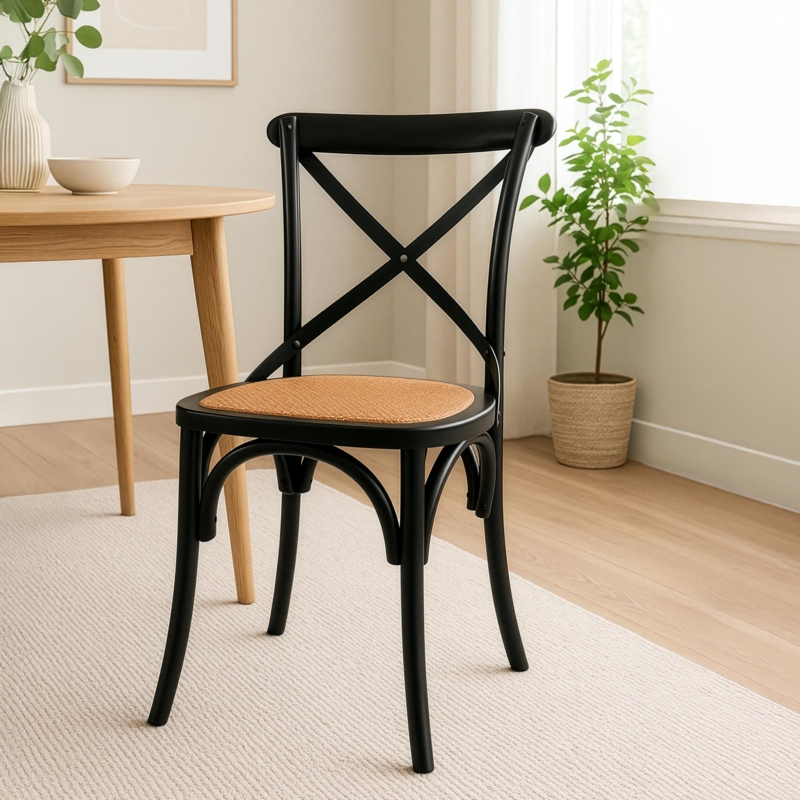 Dining Chair Black Frame with Metal Cross Back and Woven Seat
