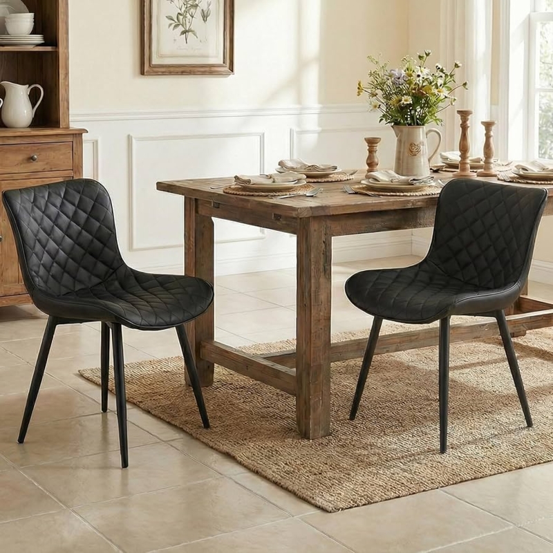 Dining Chair Black Leather-Like Diamond Quilted Splayed Legs