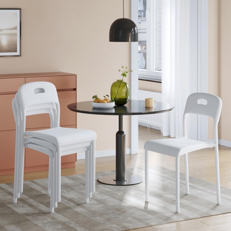 Dining Chair Black Plastic Slatted Back Splayed Metal Legs Minimalist
